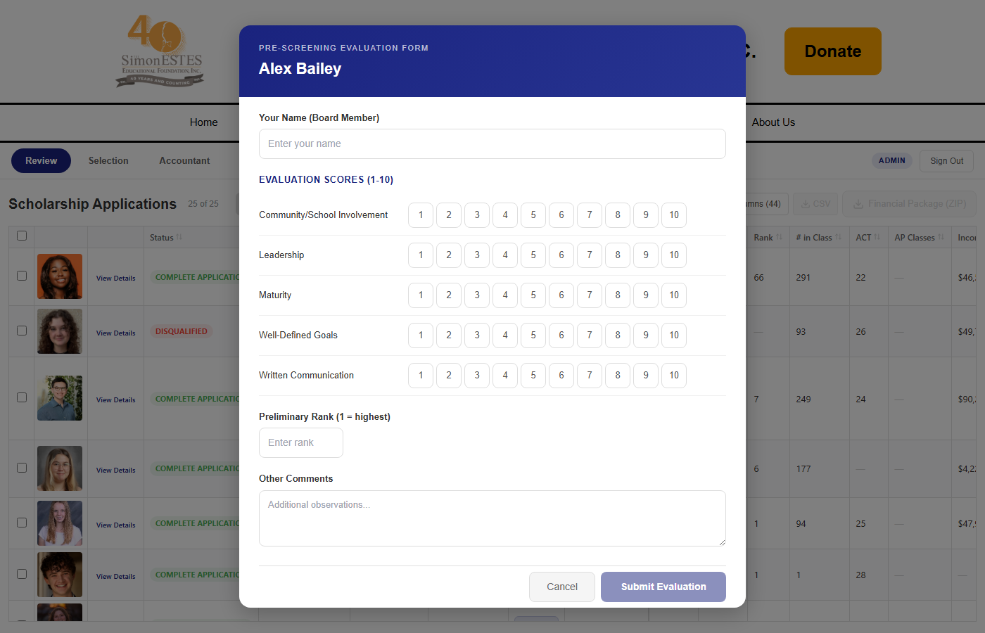 Pre-Screening Evaluation Form